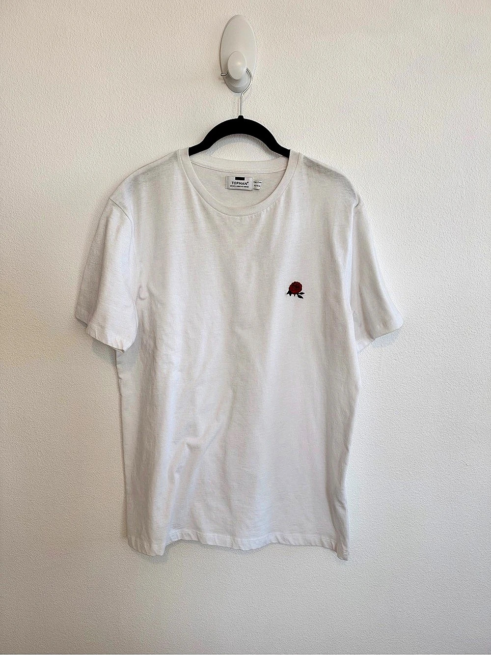 Topman Embroidered Rose Cotton Tee in White Large